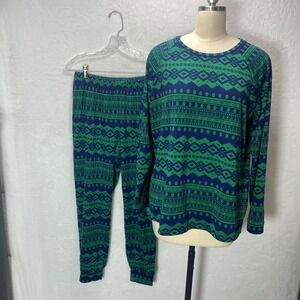So Intimates Pajama Set Blue Green Print Loungewear L Christmas Soft Warm Comfy